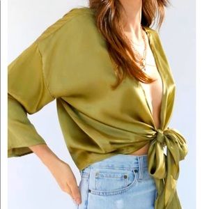Green satin wrap front top